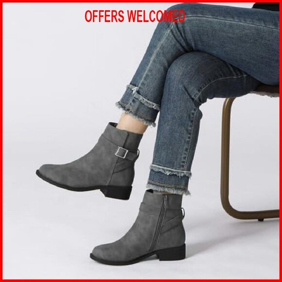Women's Chunky Low Heel Ankle Boots Round Toe Buckle Leather Booties - Picture 3 of 8